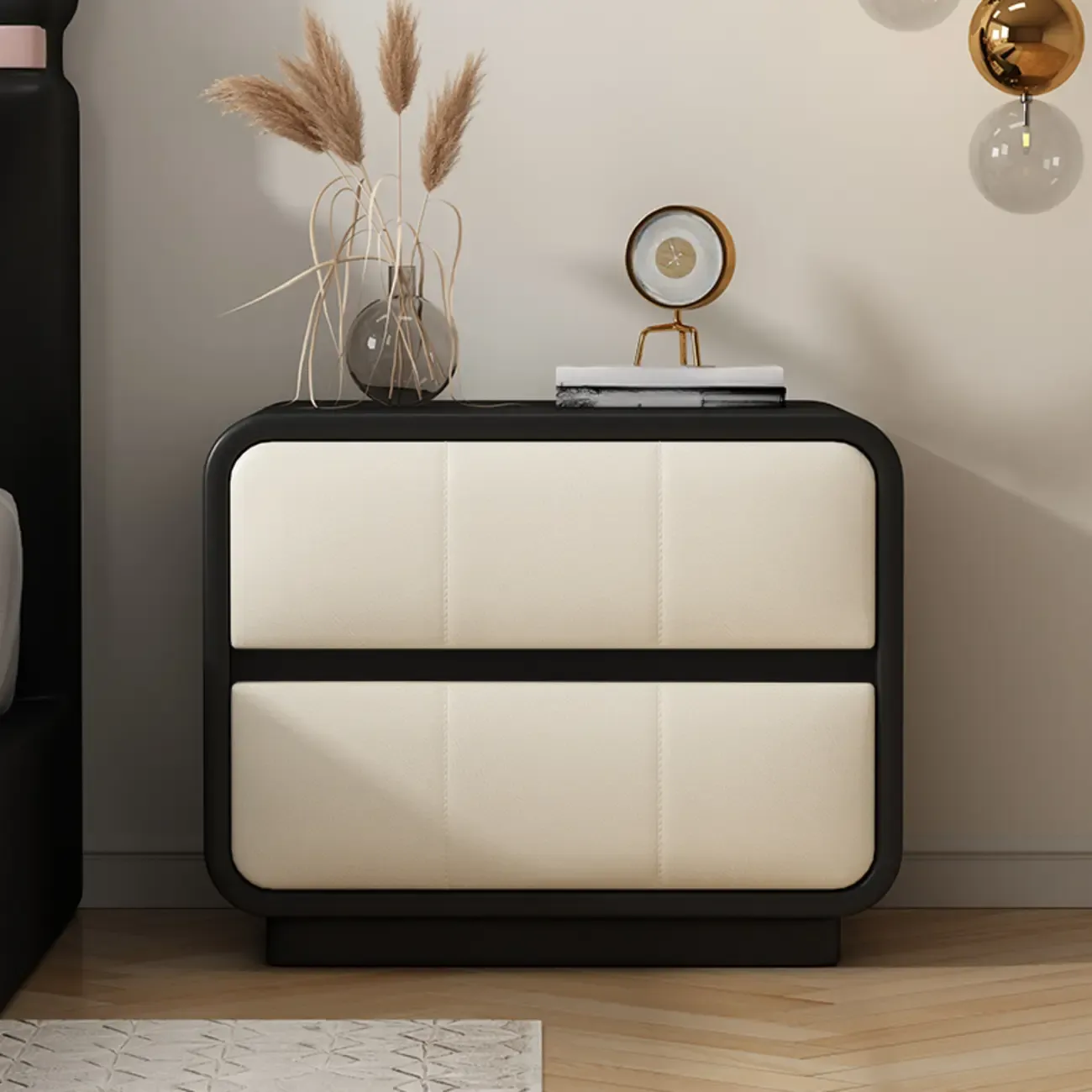 Modern Leather Wood Soft-Line 2 Drawer Nightstand Image - 4