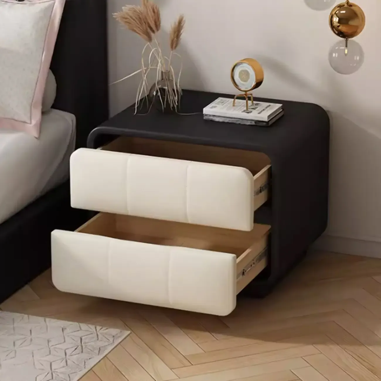 Modern Leather Wood Soft-Line 2 Drawer Nightstand Image - 5