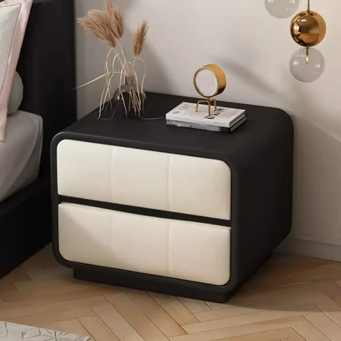 Modern Leather Wood Soft-Line 2 Drawer Nightstand Image - 3