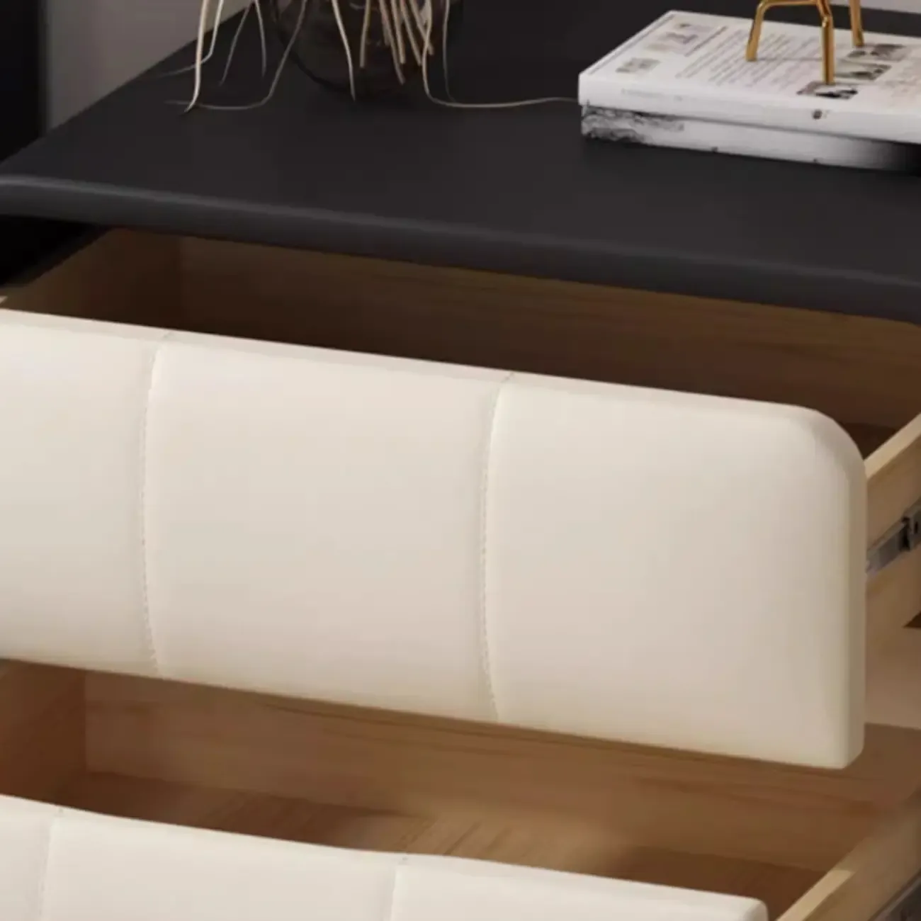 Modern Leather Wood Soft-Line 2 Drawer Nightstand Image - 12