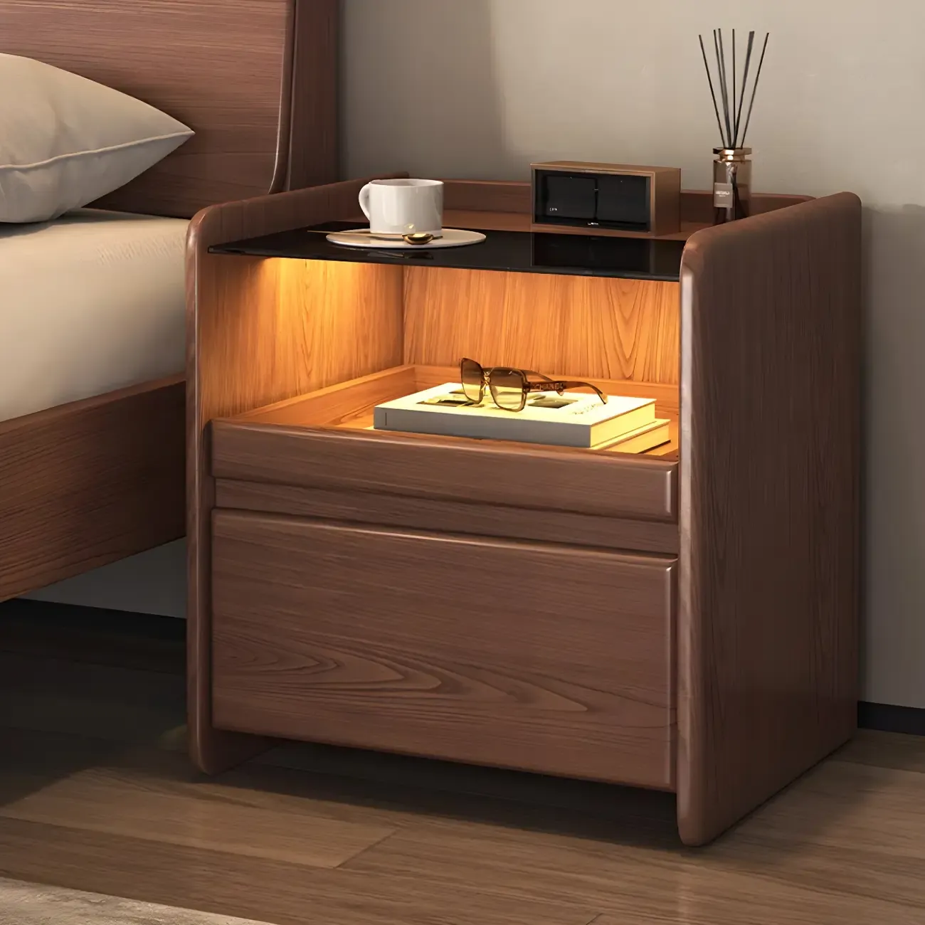 Nut-Brown Wood Glass Top Drawer Nightstand with Light Image - 1