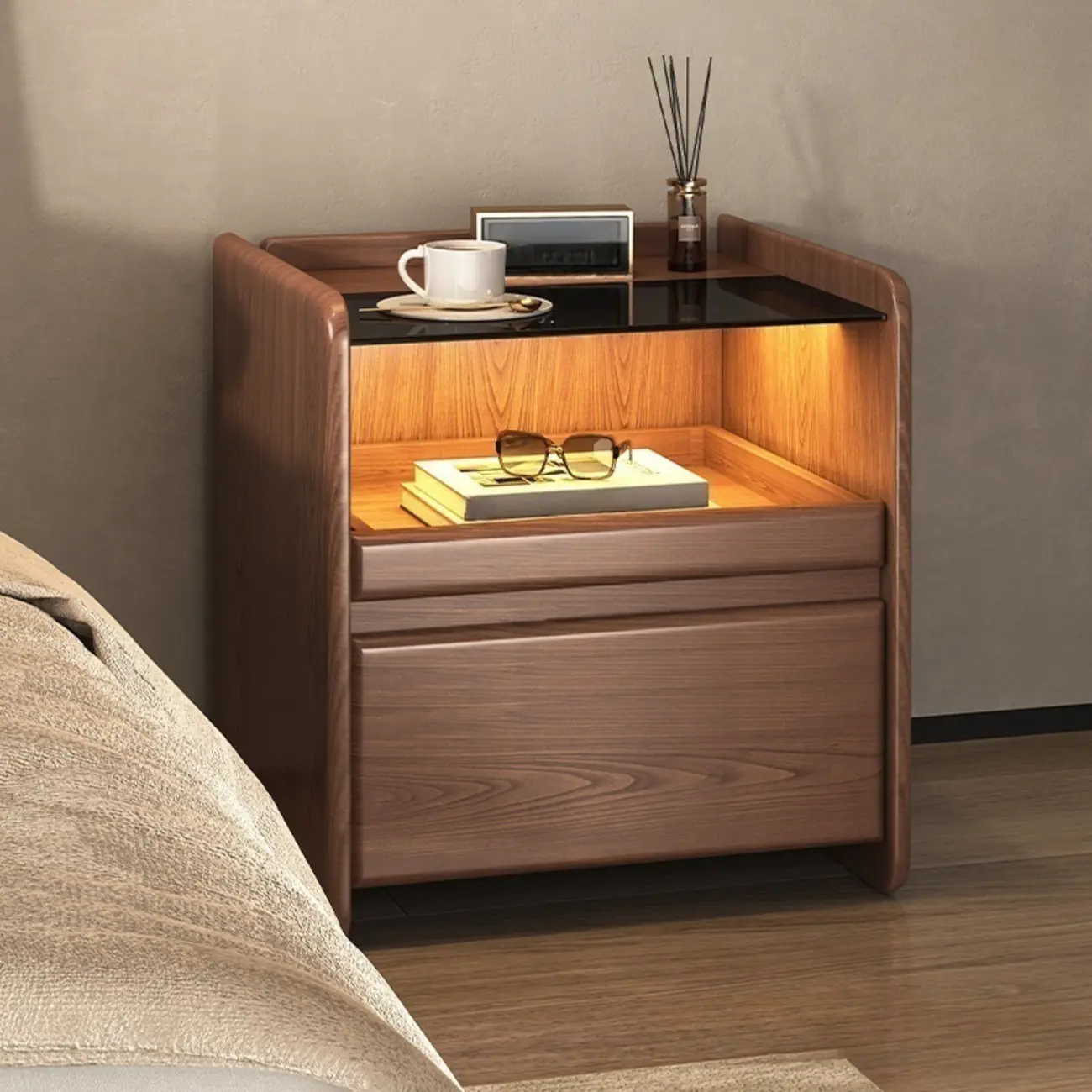 Nut-Brown Wood Glass Top Drawer Nightstand with Light Image - 2 | homeyfad