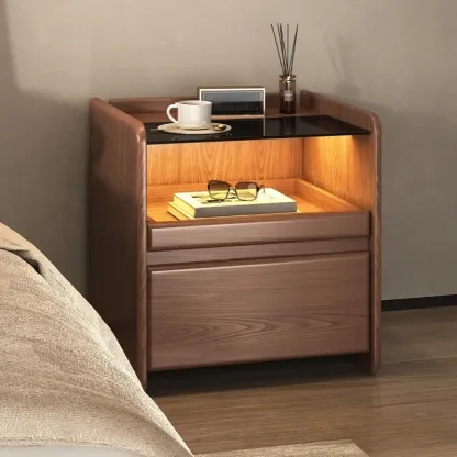 Nut-Brown Wood Glass Top Drawer Nightstand with Light Image - 2