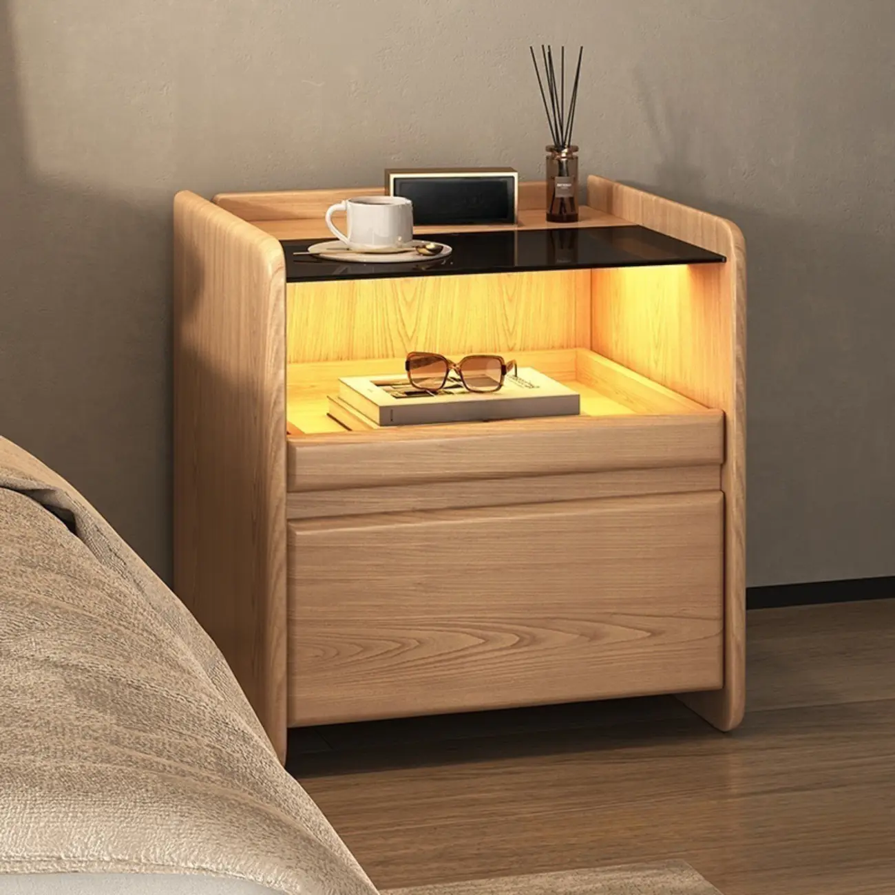 Nut-Brown Wood Glass Top Drawer Nightstand with Light Image - 3 | homeyfad