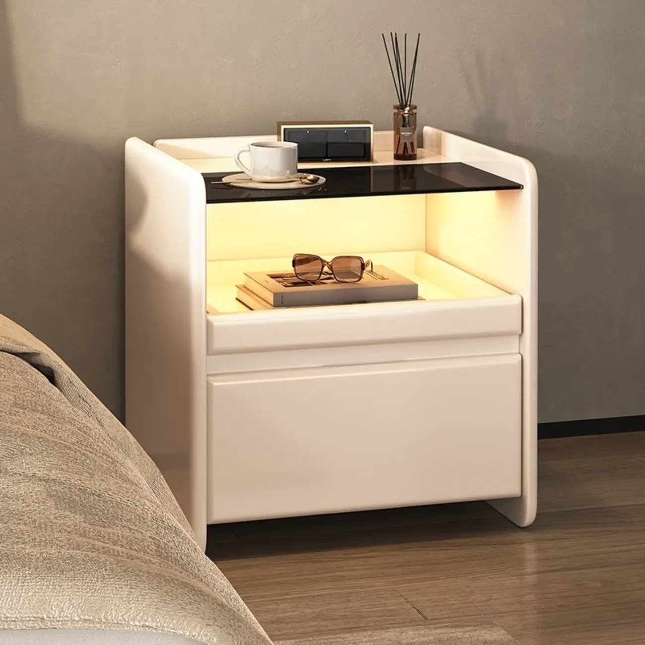 Nut-Brown Wood Glass Top Drawer Nightstand with Light Image - 5 | homeyfad