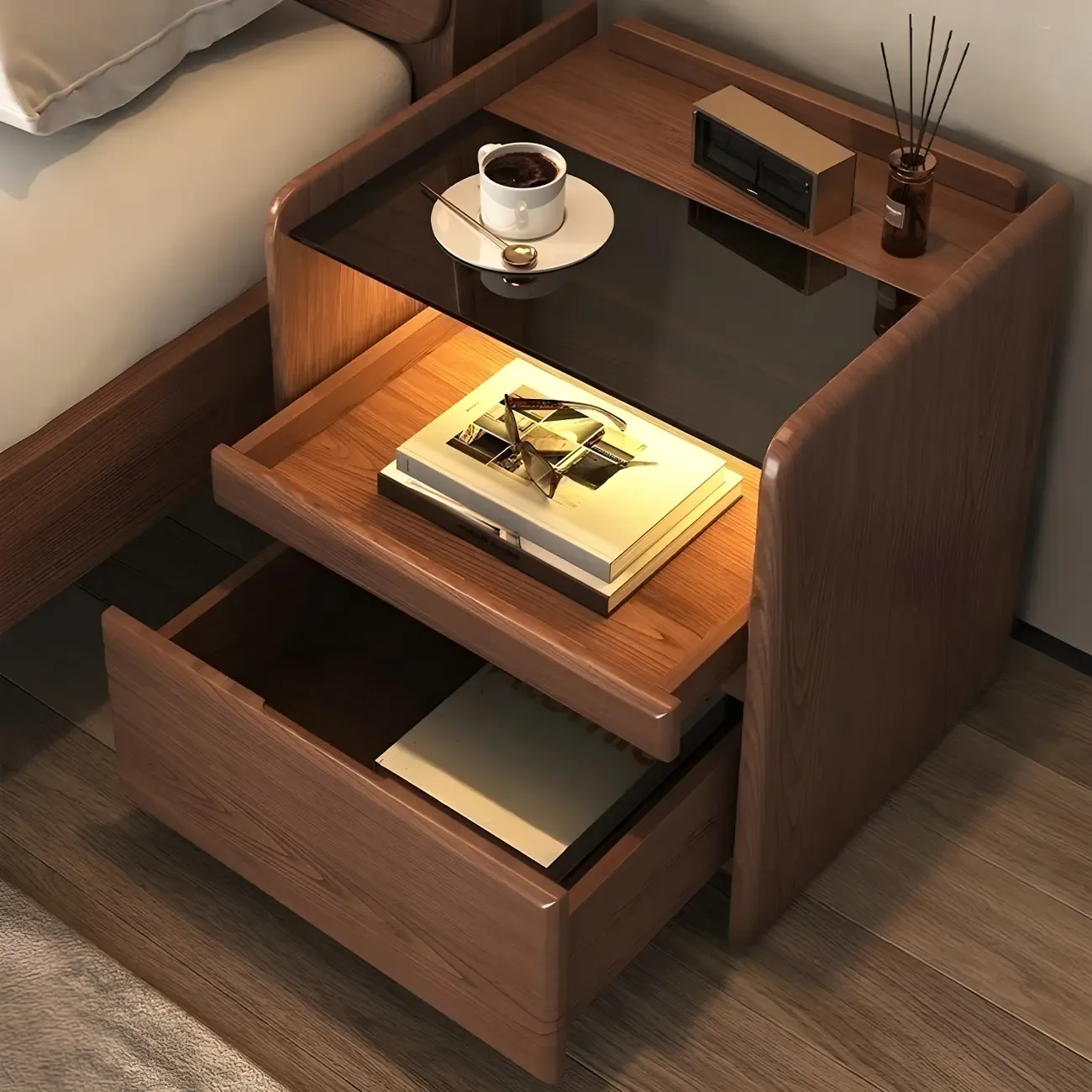 Nut-Brown Wood Glass Top Drawer Nightstand with Light Image - 6