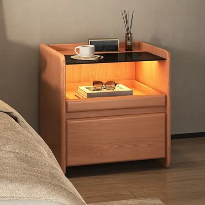 Nut-Brown Wood Glass Top Drawer Nightstand with Light Image - 7