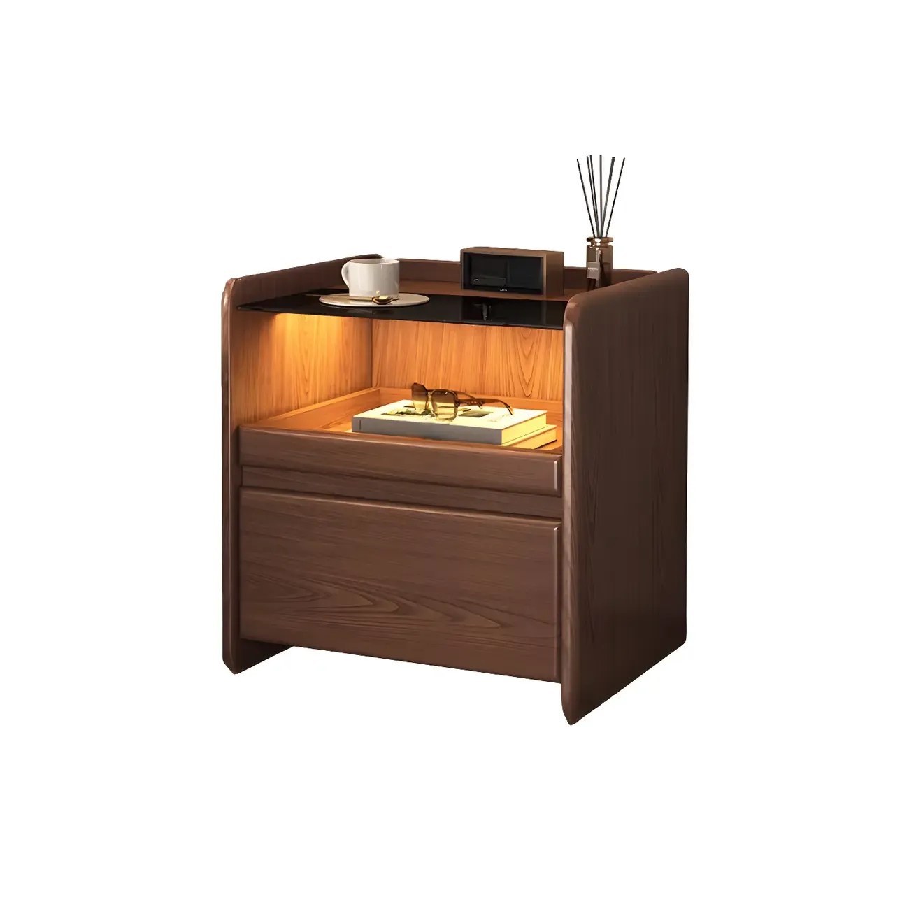 Nut-Brown Wood Glass Top Drawer Nightstand with Light Image - 9