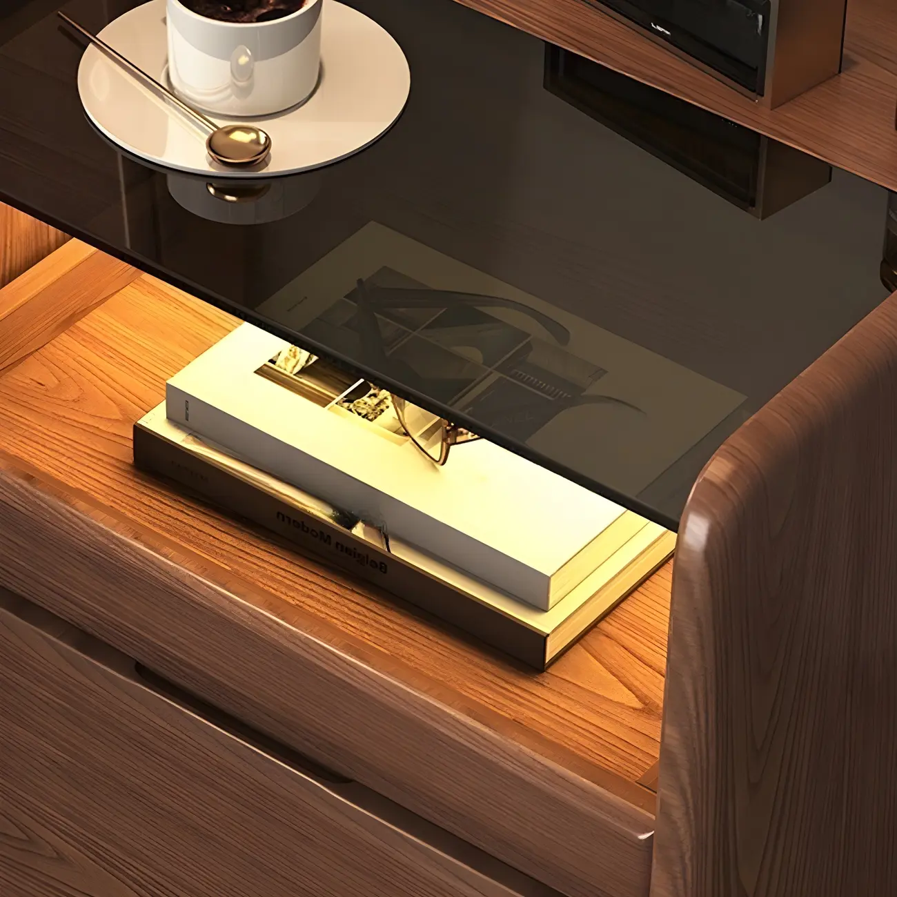 Nut-Brown Wood Glass Top Drawer Nightstand with Light Image - 10 | homeyfad