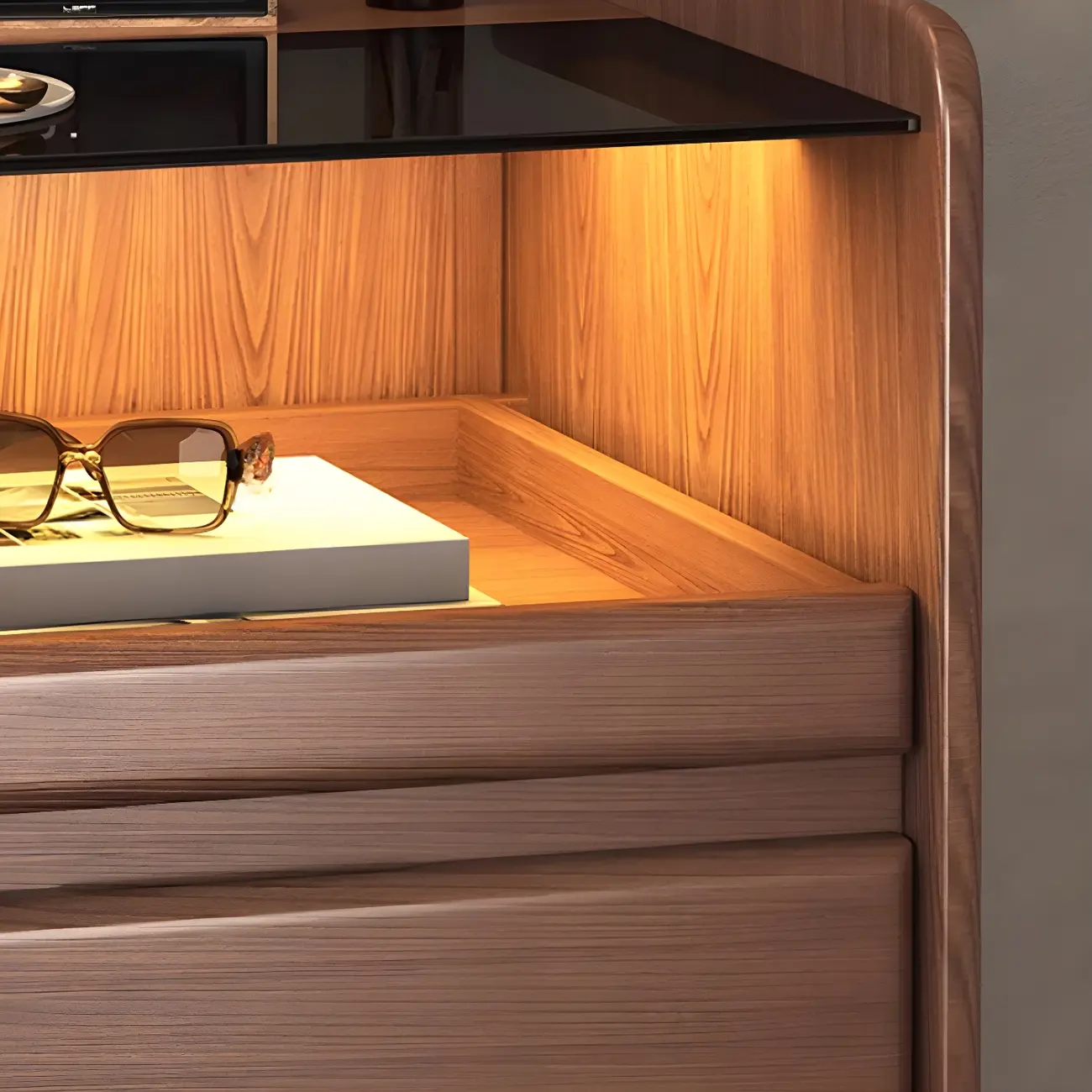 Nut-Brown Wood Glass Top Drawer Nightstand with Light Image - 11 | homeyfad