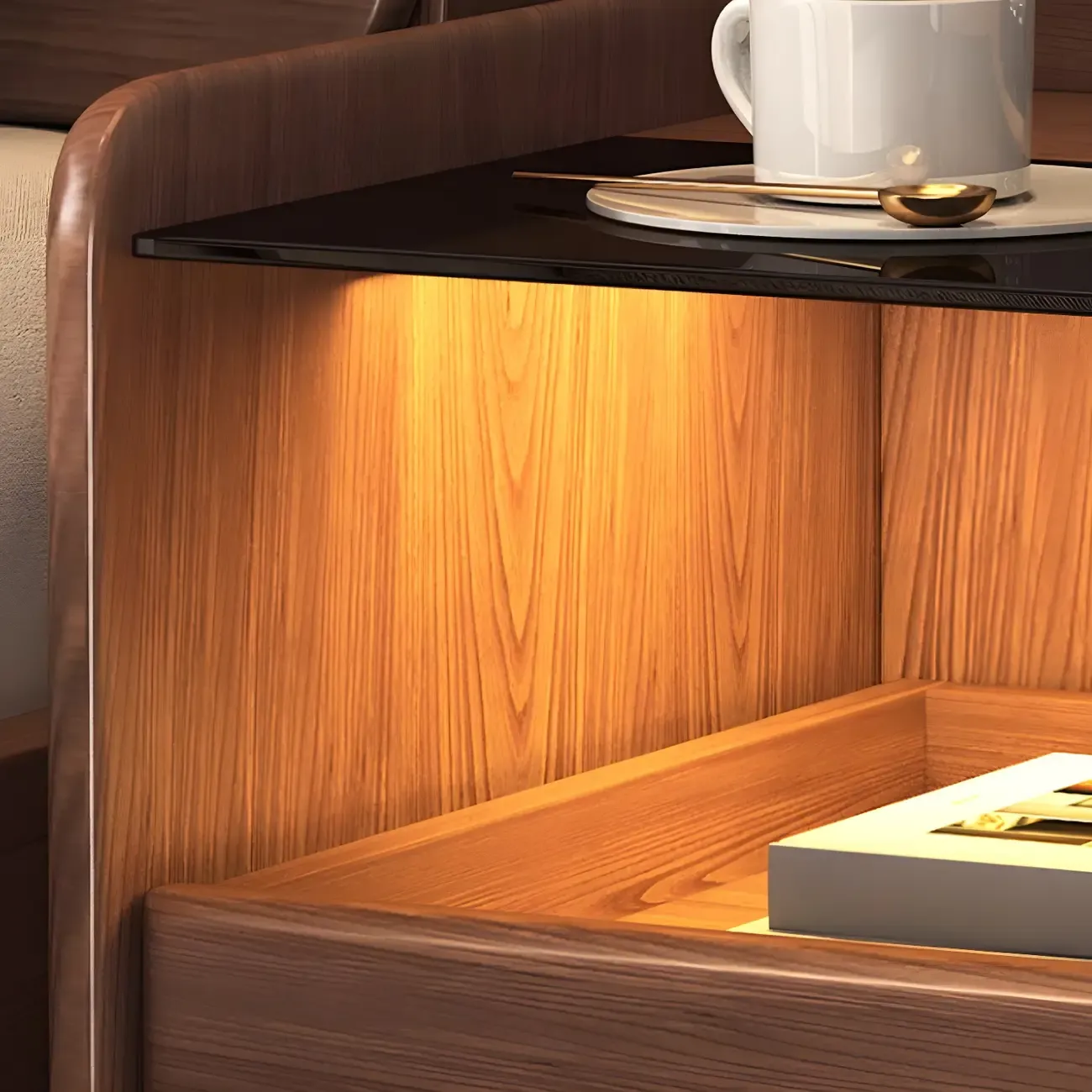 Nut-Brown Wood Glass Top Drawer Nightstand with Light Image - 12