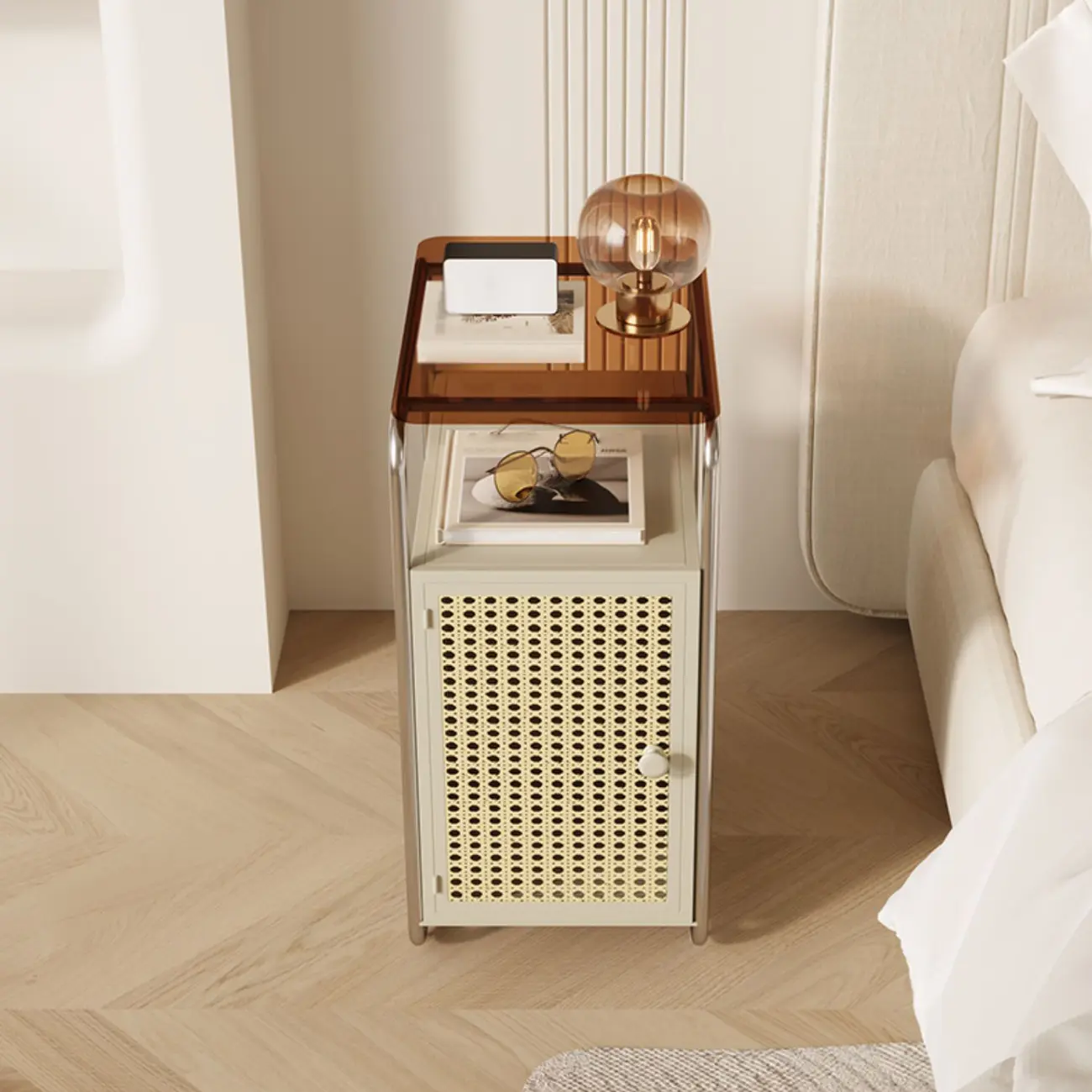 Off-White Glass Top Iron Frame Rectangular Nightstand Image - 2 | homeyfad