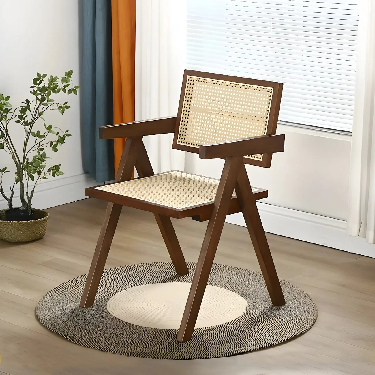Scandinavian Rattan Arm Dining Chair with Wood Frame and Low Back Image - 1 | homeyfad