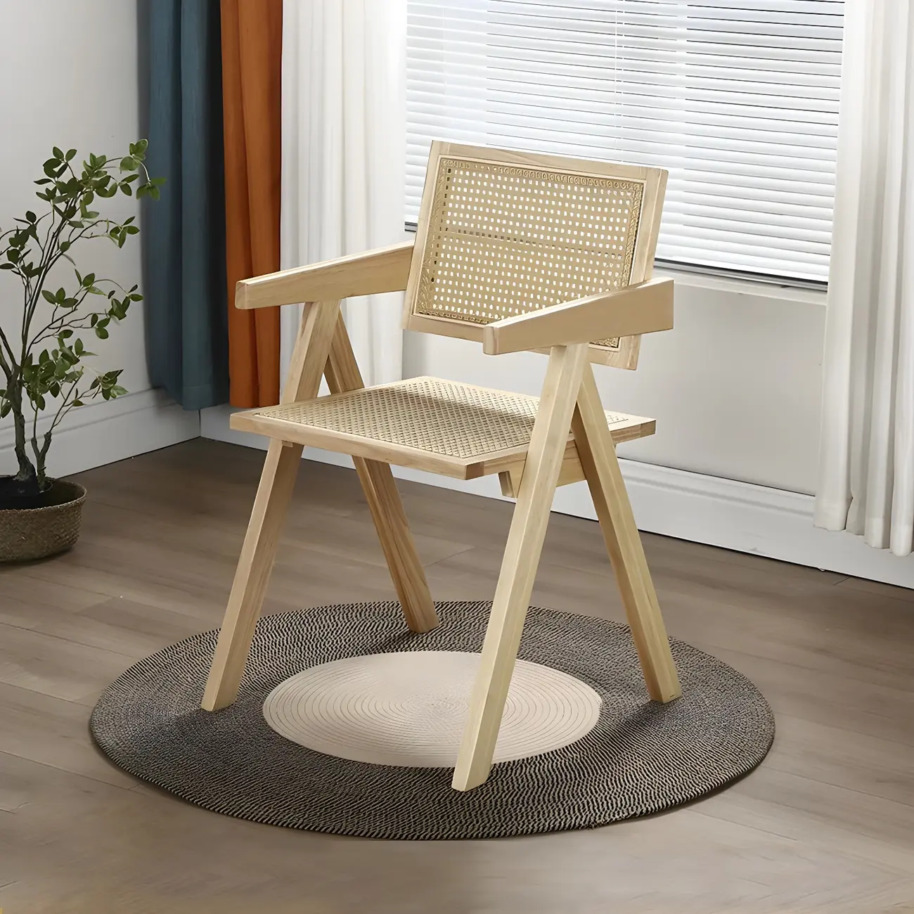Scandinavian Rattan Arm Dining Chair with Wood Frame and Low Back Image - 2 | homeyfad