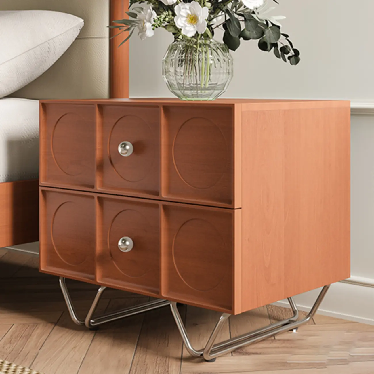 Sleek Black Wood Metallic Base & Handles 2 Drawers Nightstand Image - 3 | homeyfad