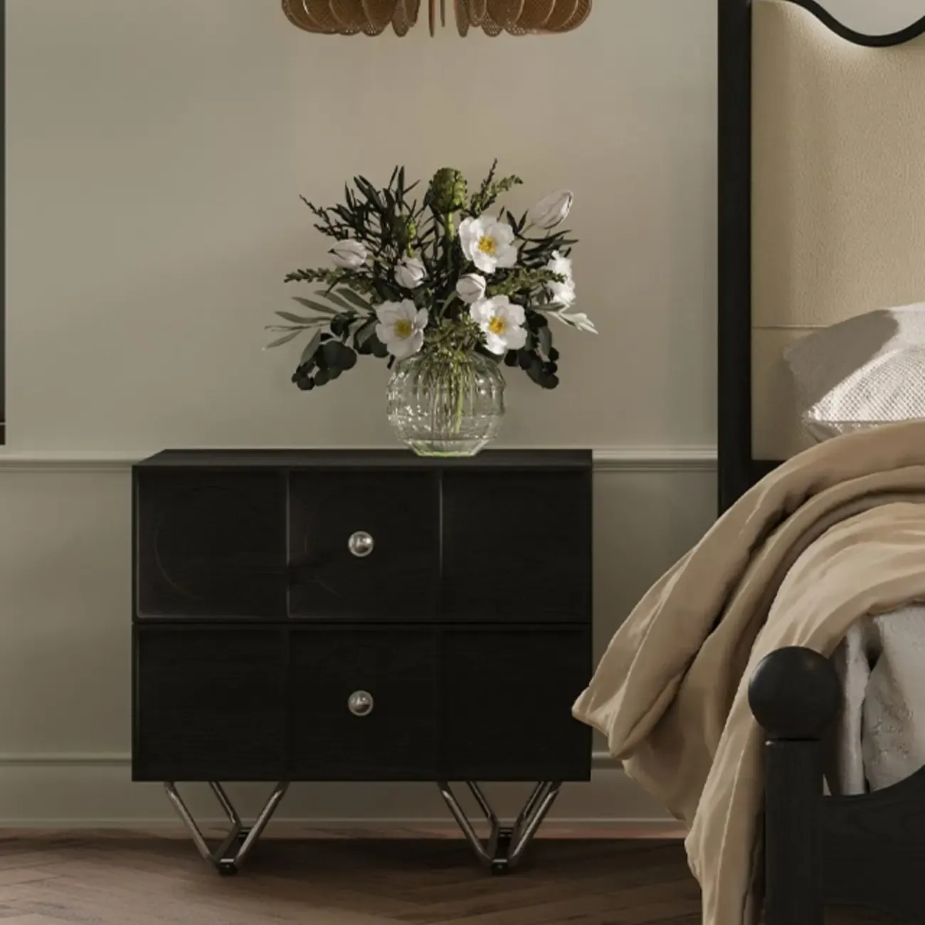 Sleek Black Wood Metallic Base & Handles 2 Drawers Nightstand Image - 1