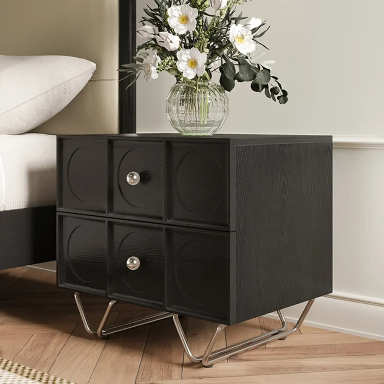 Sleek Black Wood Metallic Base & Handles 2 Drawers Nightstand Image - 2