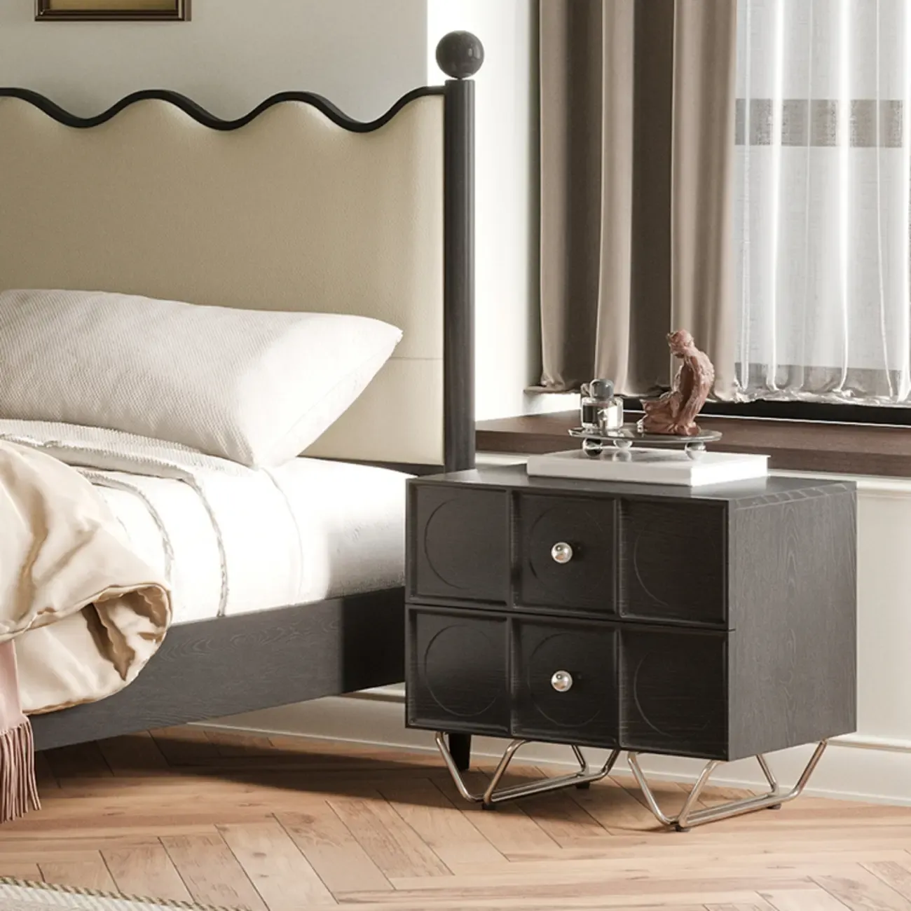 Sleek Black Wood Metallic Base & Handles 2 Drawers Nightstand Image - 4