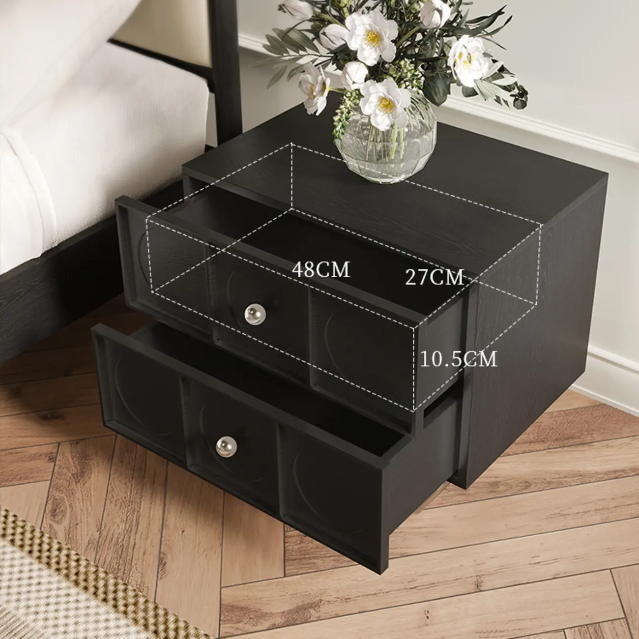 Sleek Black Wood Metallic Base & Handles 2 Drawers Nightstand Image - 7 | homeyfad