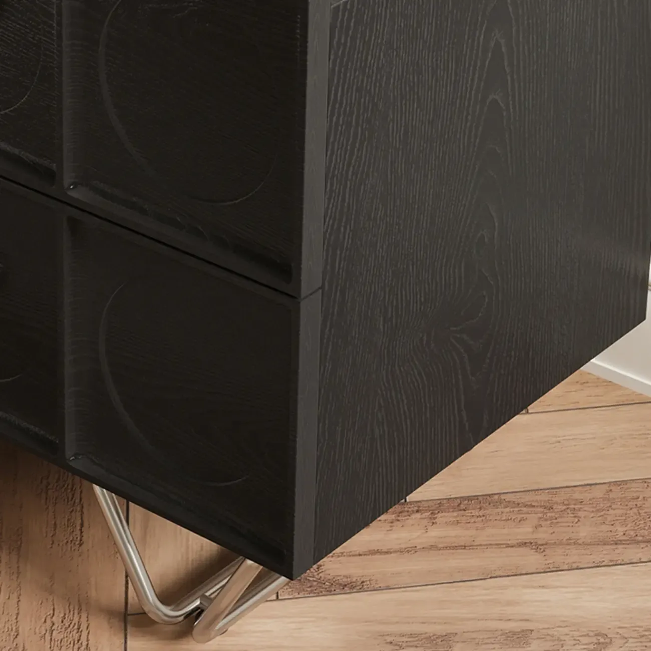 Sleek Black Wood Metallic Base & Handles 2 Drawers Nightstand Image - 9