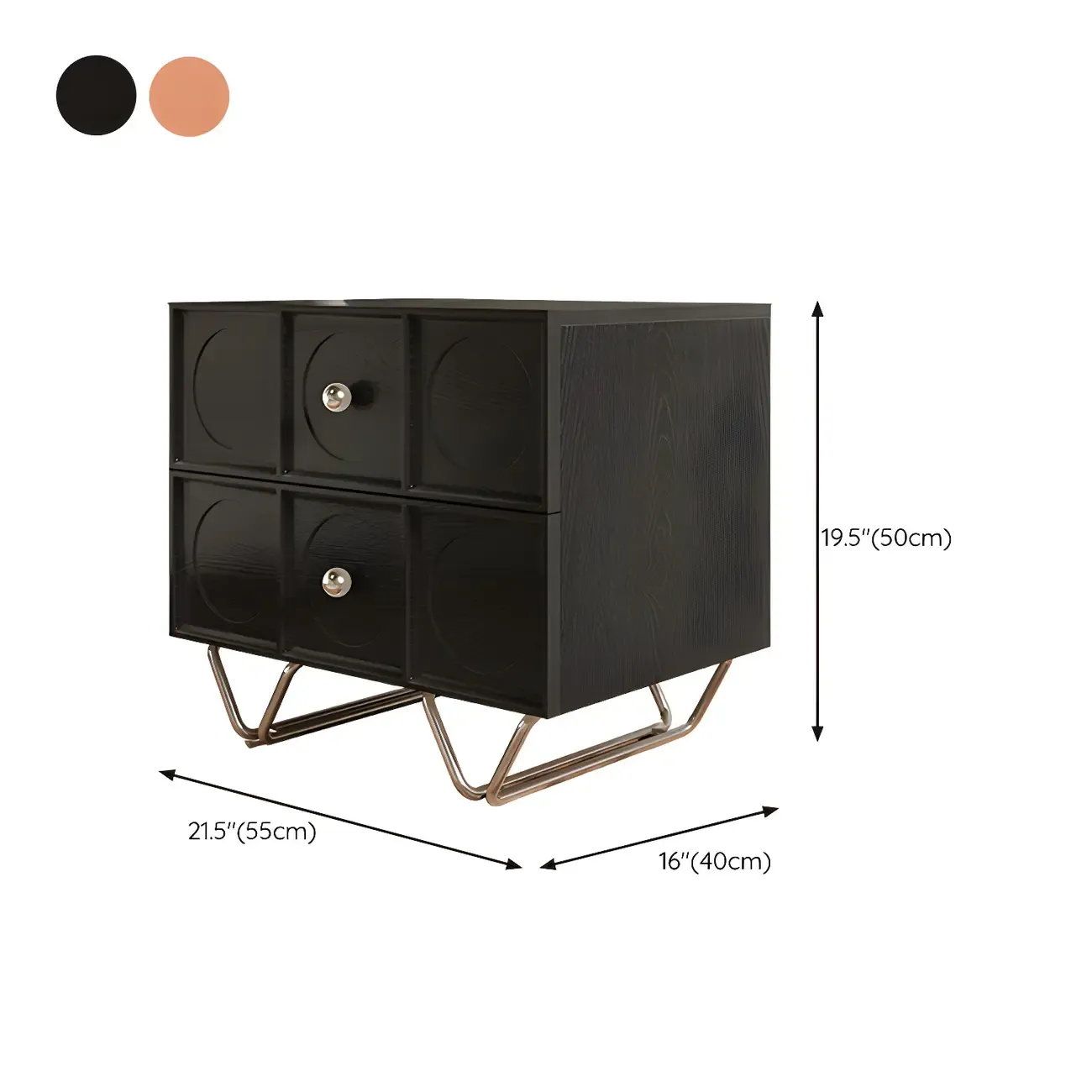 Sleek Black Wood Metallic Base & Handles 2 Drawers Nightstand #size