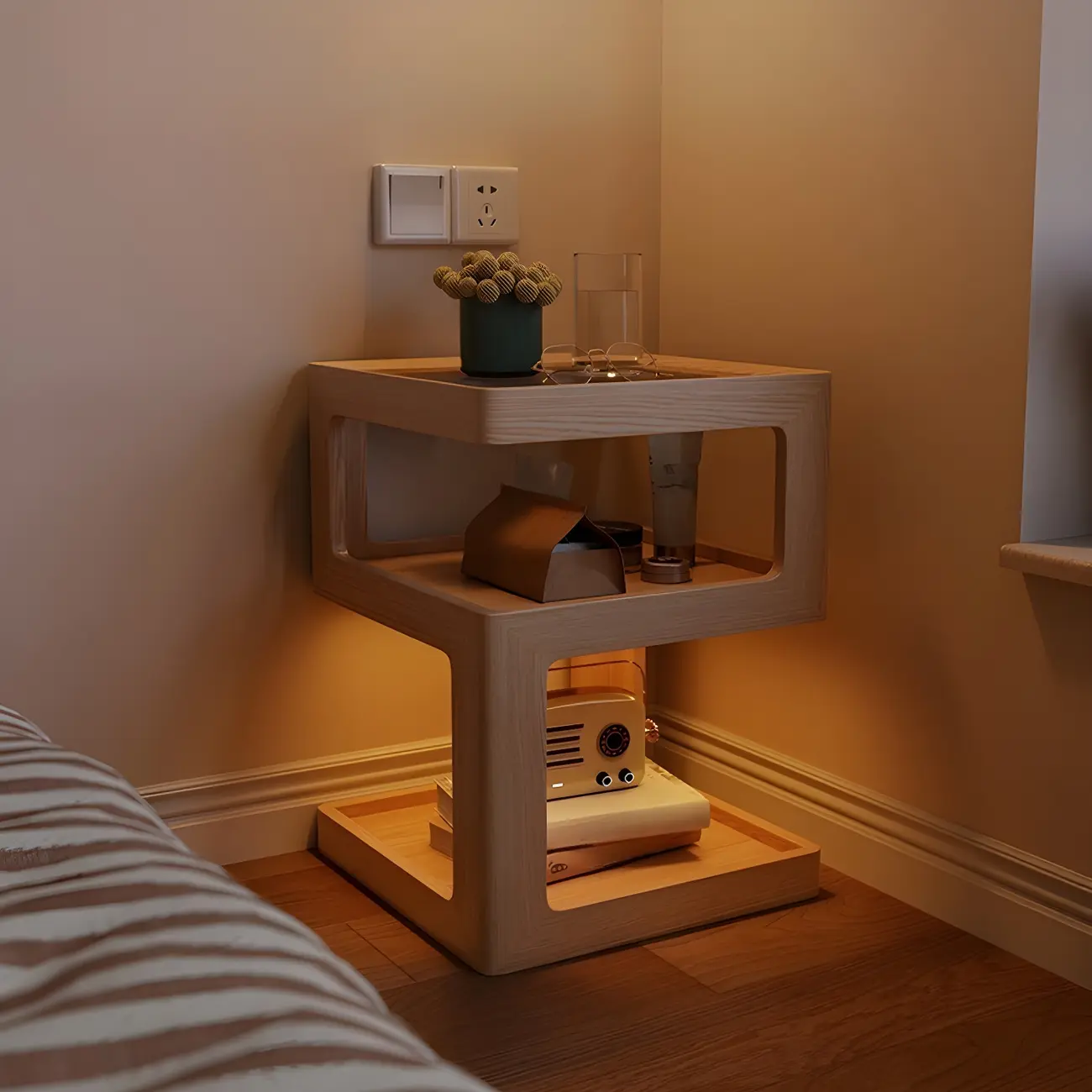 Narrow Wood and Glass Nut-Brown Shelves Nightstand with Light Image - 4 | homeyfad