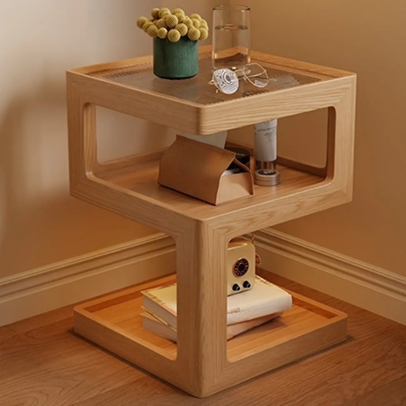 Narrow Wood and Glass Nut-Brown Shelves Nightstand with Light Image - 1 | homeyfad