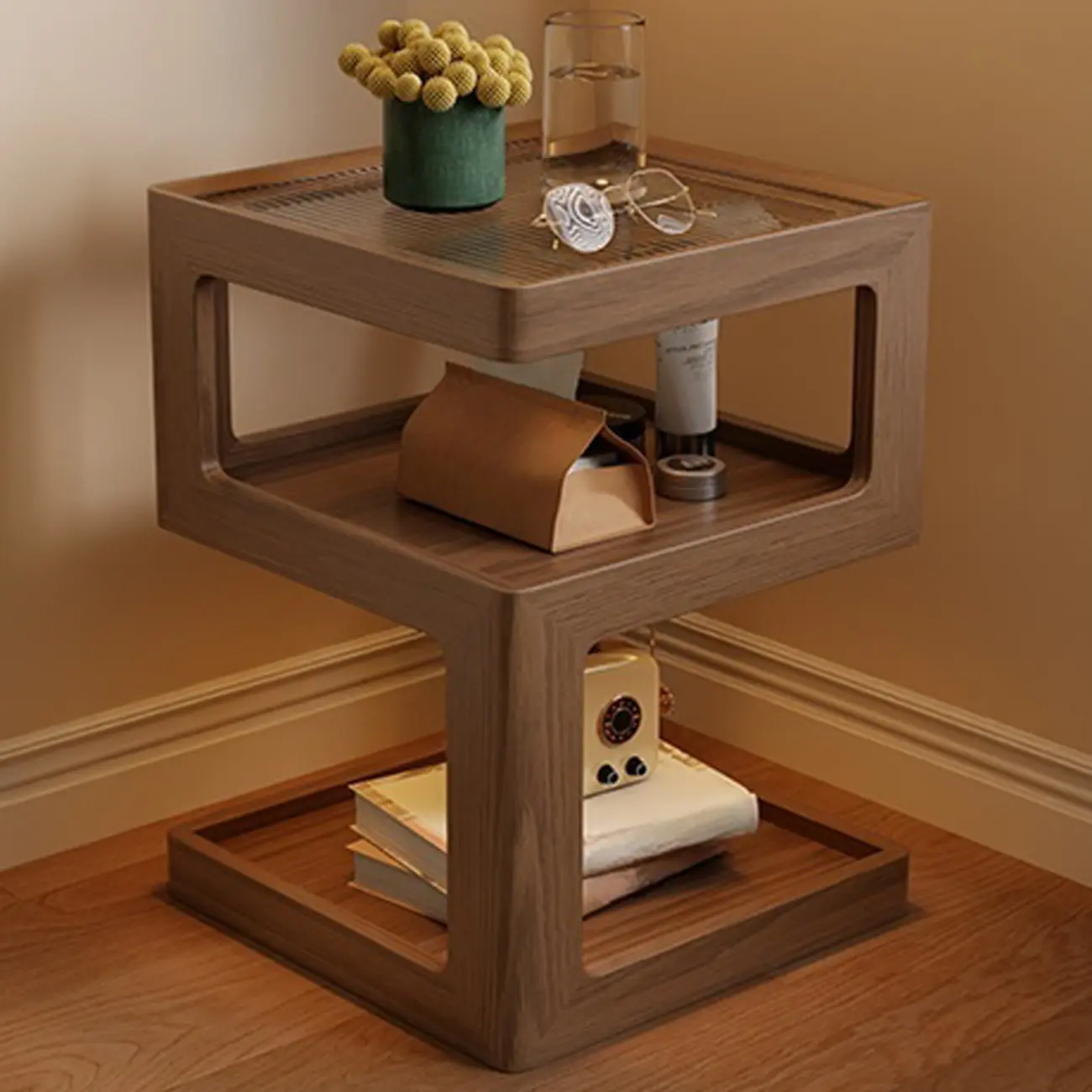Narrow Wood and Glass Nut-Brown Shelves Nightstand with Light Image - 2 | homeyfad