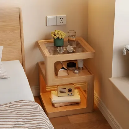 Narrow Wood and Glass Nut-Brown Shelves Nightstand with Light Image - 5