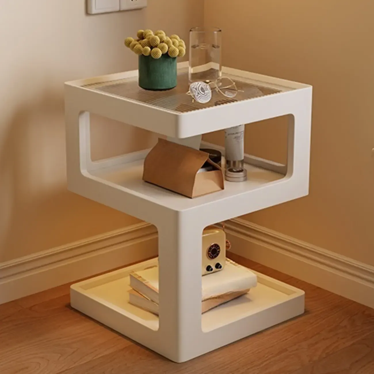 Narrow Wood and Glass Nut-Brown Shelves Nightstand with Light Image - 6