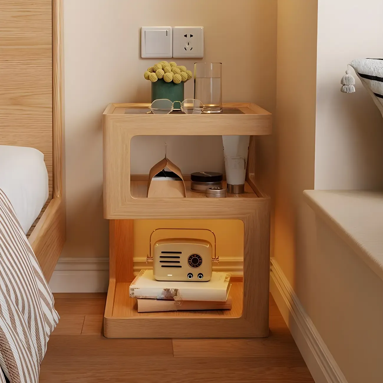 Narrow Wood and Glass Nut-Brown Shelves Nightstand with Light Image - 3