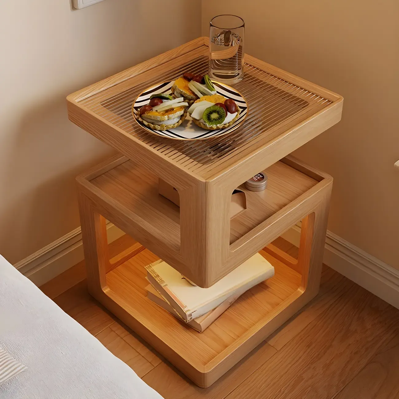 Narrow Wood and Glass Nut-Brown Shelves Nightstand with Light Image - 7