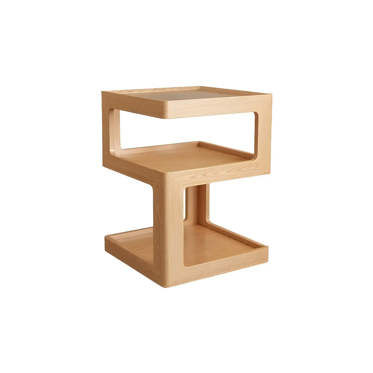 Narrow Wood and Glass Nut-Brown Shelves Nightstand with Light Image - 8