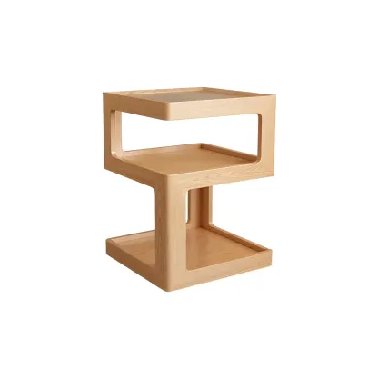 Narrow Wood and Glass Nut-Brown Shelves Nightstand with Light Image - 8