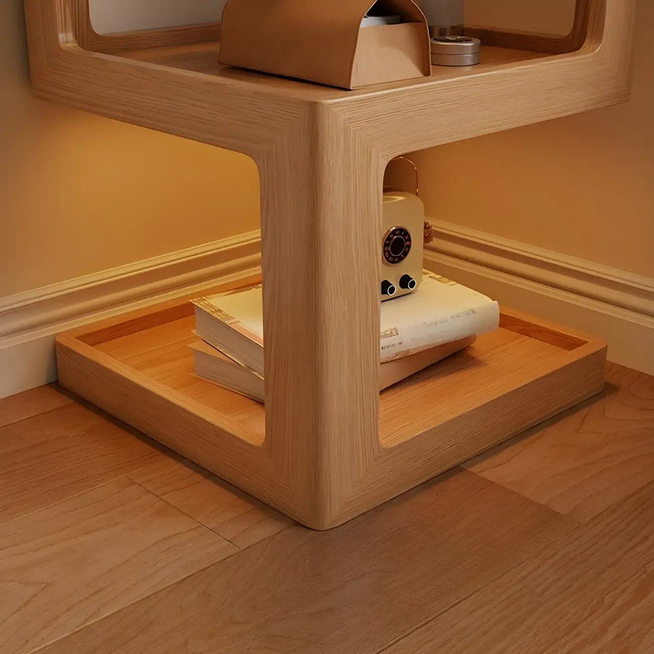 Narrow Wood and Glass Nut-Brown Shelves Nightstand with Light Image - 9