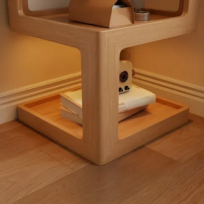 Narrow Wood and Glass Nut-Brown Shelves Nightstand with Light Image - 9