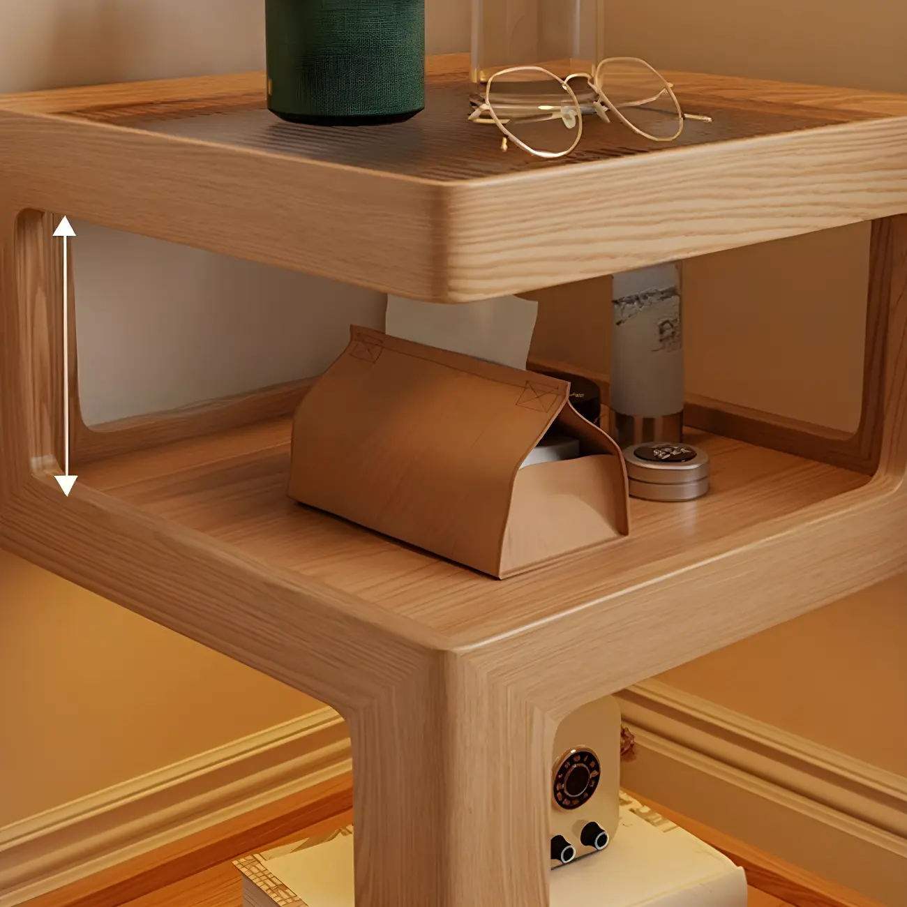 Narrow Wood and Glass Nut-Brown Shelves Nightstand with Light Image - 10 | homeyfad