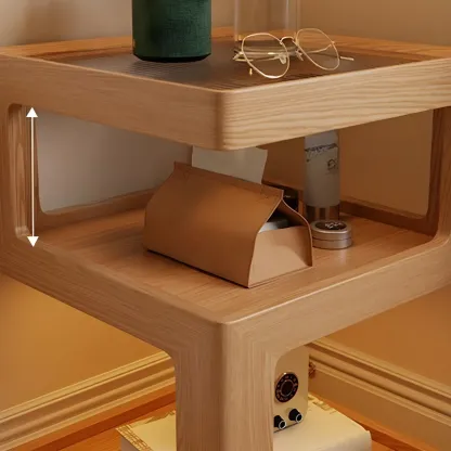 Narrow Wood and Glass Nut-Brown Shelves Nightstand with Light Image - 10