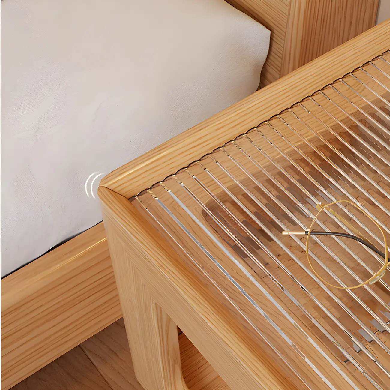 Narrow Wood and Glass Nut-Brown Shelves Nightstand with Light Image - 11 | homeyfad