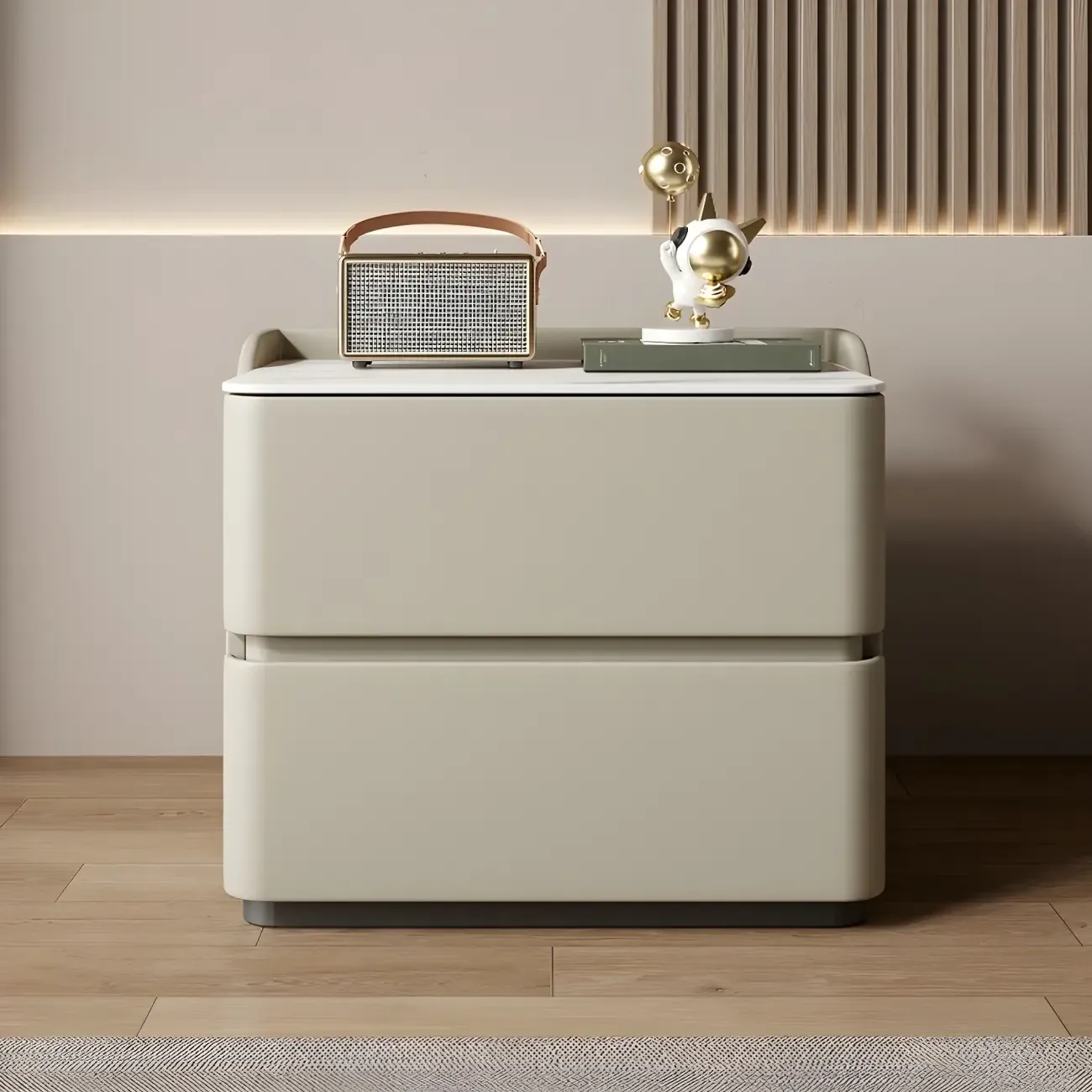 Modern Stone Top Leather Pine 2-Drawer Nightstand Image - 3