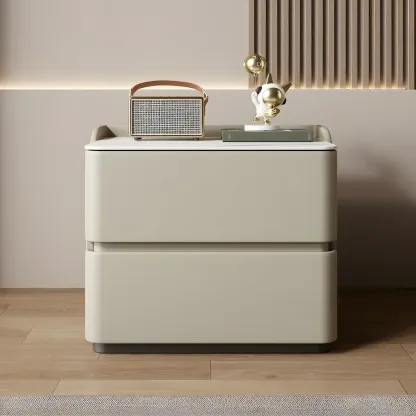Modern Stone Top Leather Pine 2-Drawer Nightstand Image - 3