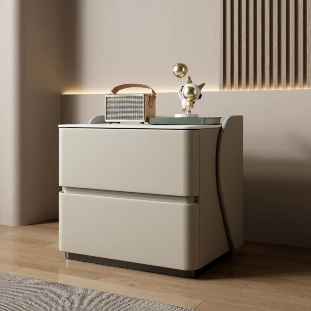 Modern Stone Top Leather Pine 2-Drawer Nightstand Image - 2 | homeyfad