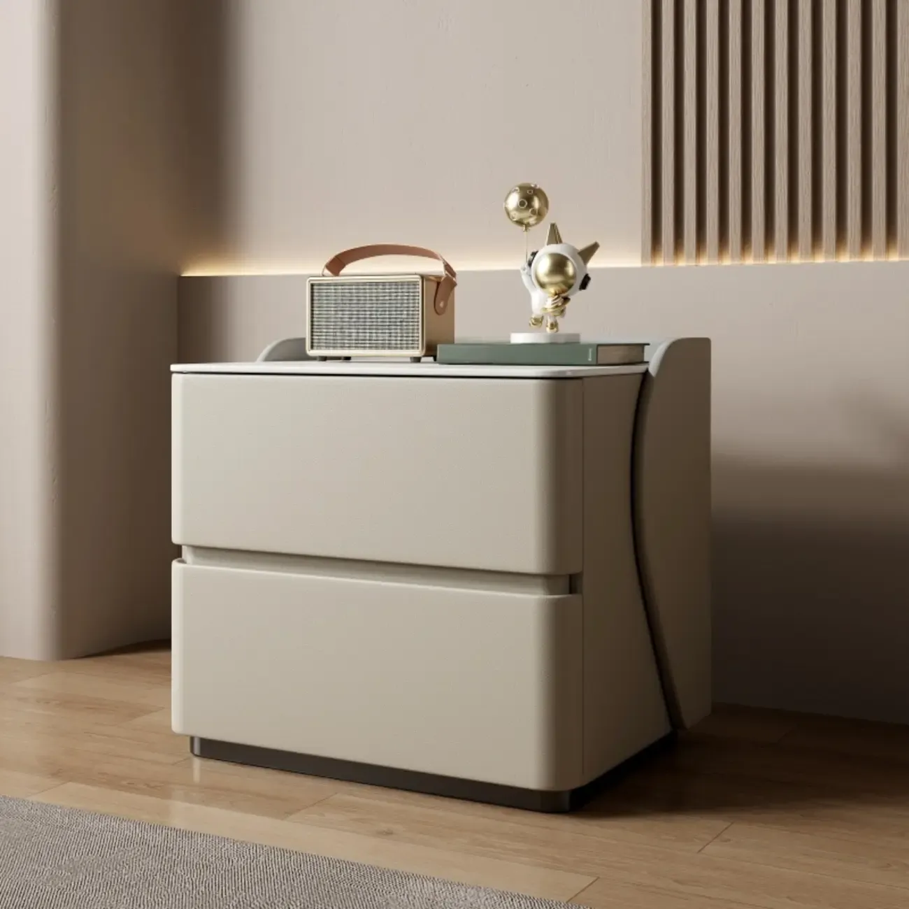 Modern Stone Top Leather Pine 2-Drawer Nightstand Image - 2