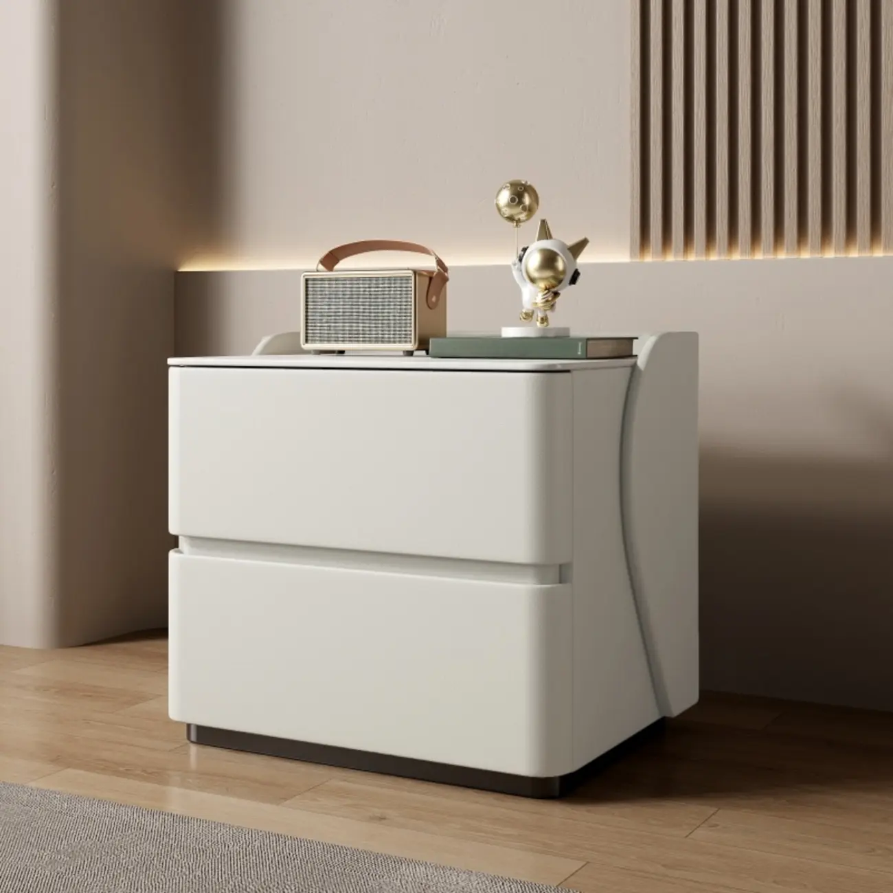 Modern Stone Top Leather Pine 2-Drawer Nightstand Image - 4 | homeyfad