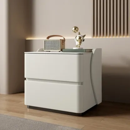 Modern Stone Top Leather Pine 2-Drawer Nightstand Image - 4