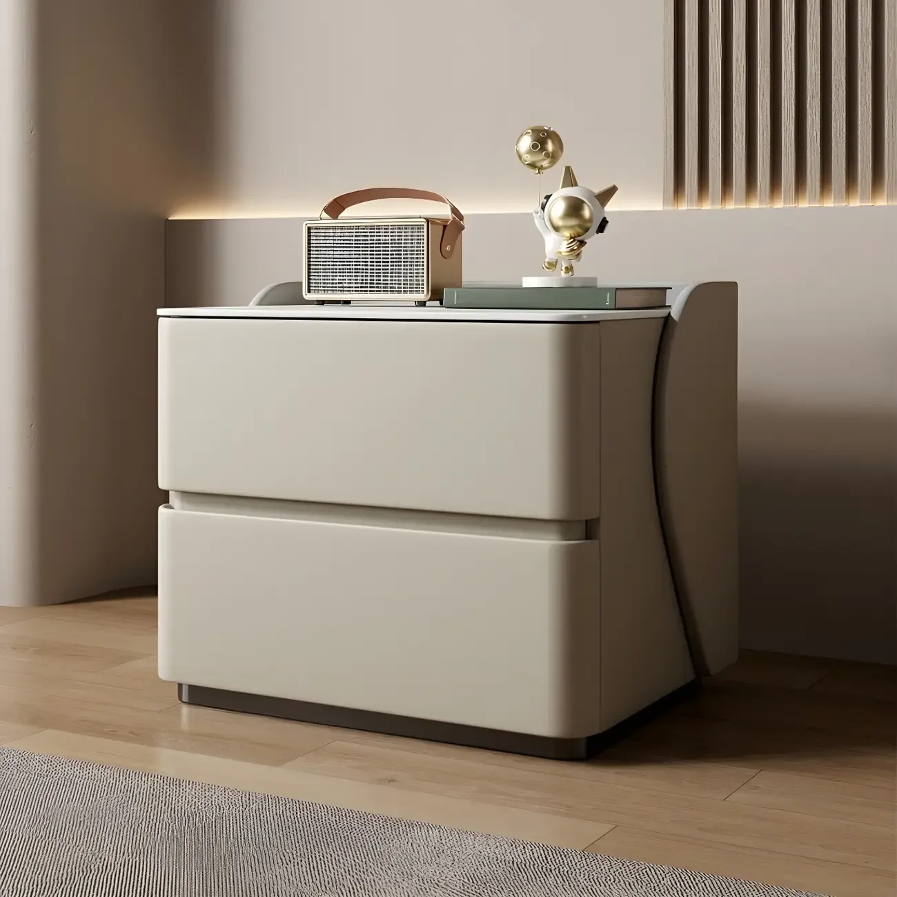 Modern Stone Top Leather Pine 2-Drawer Nightstand Image - 5