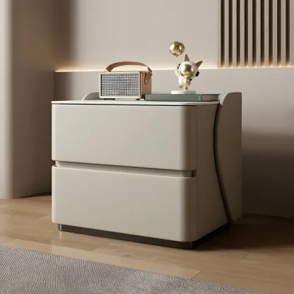 Modern Stone Top Leather Pine 2-Drawer Nightstand Image - 5