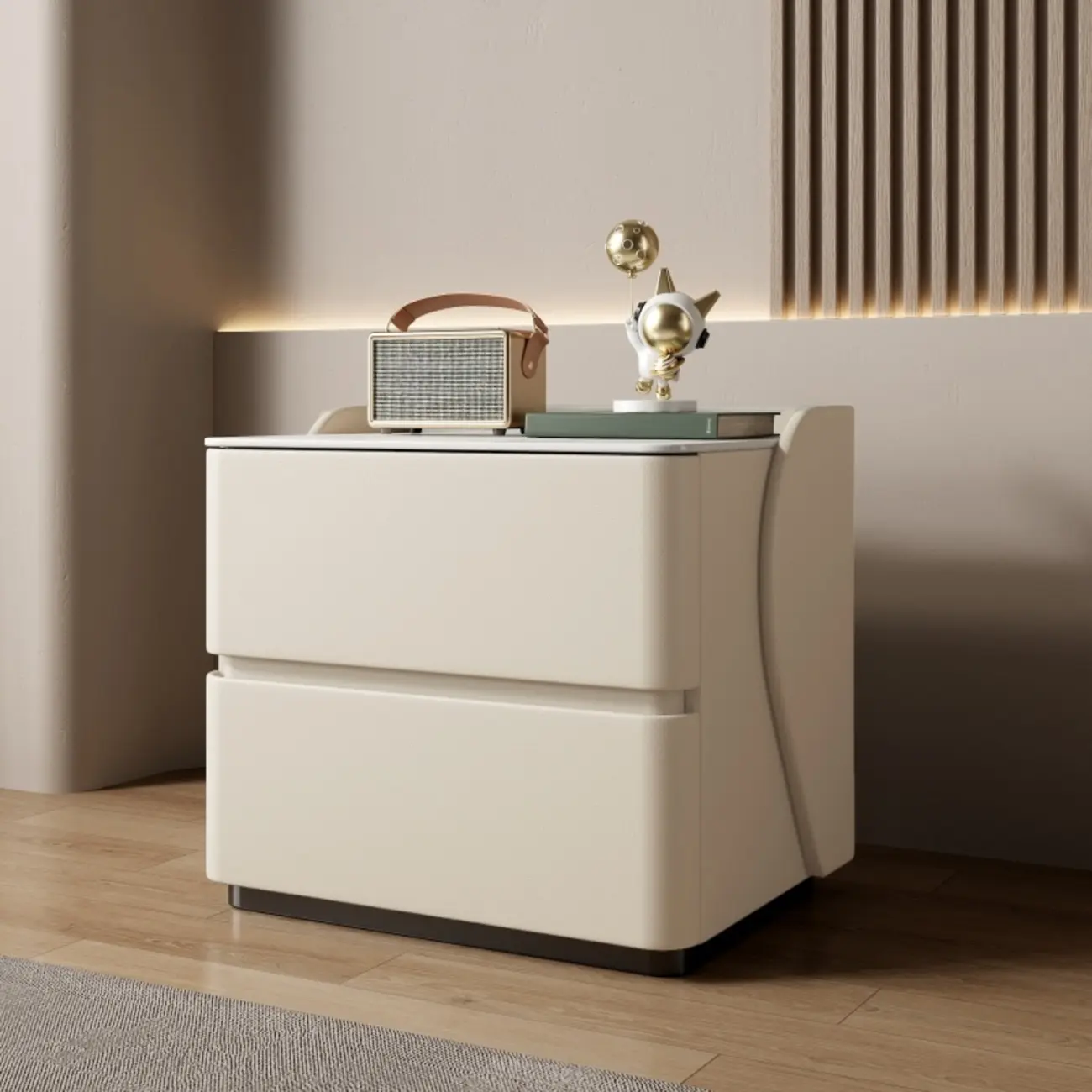 Modern Stone Top Leather Pine 2-Drawer Nightstand Image - 6 | homeyfad