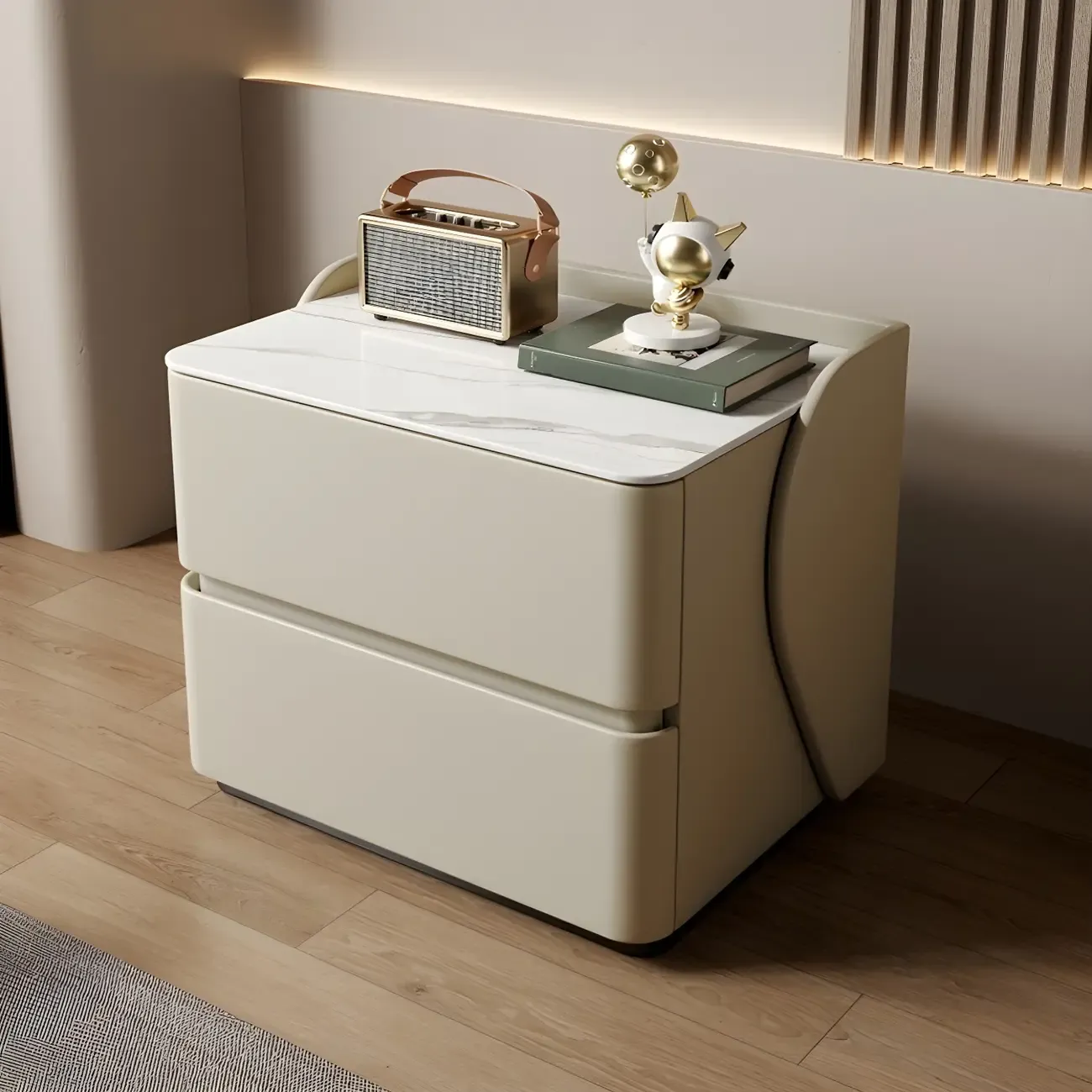 Modern Stone Top Leather Pine 2-Drawer Nightstand Image - 7