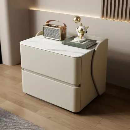 Modern Stone Top Leather Pine 2-Drawer Nightstand Image - 7